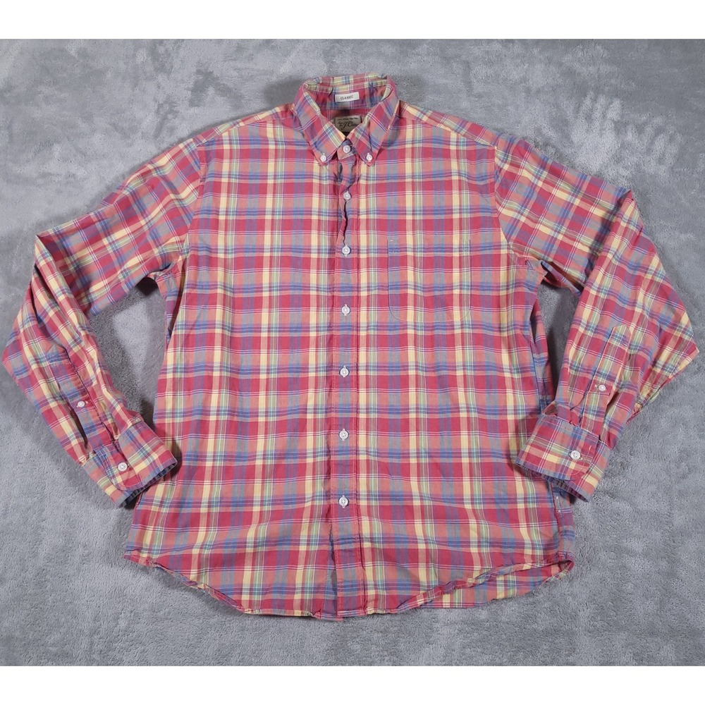 J Crew Shirt Mens Medium Red Yellow Blue Plaid Button Down Classic Cotton Casual